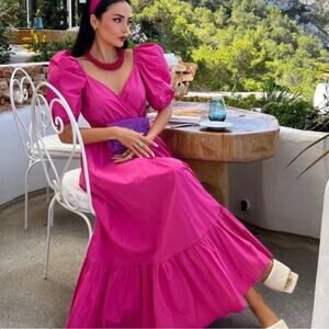 Zara Blogger Fuchsia Puff Sleeve Midi Dress.